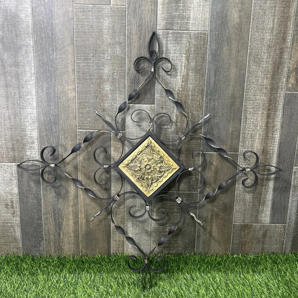 Large Wrought Iron Wall Decor Black Metal Scroll Carved Wood Medallion Hanging